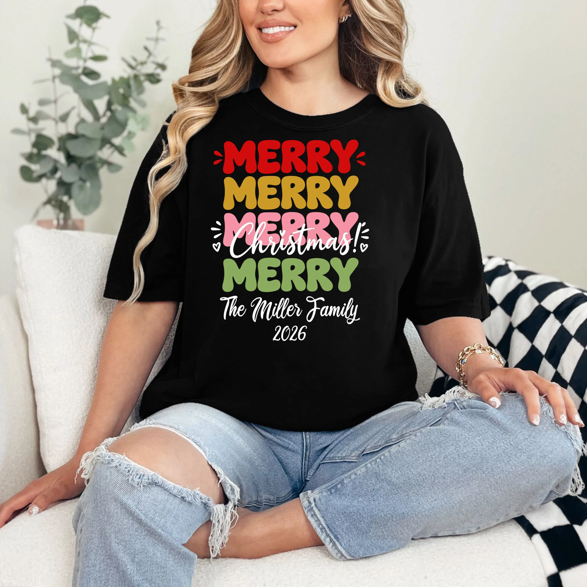 Custom Name and Year Merry Merry Christmas | Personalized Festive Holiday Celebration & Xmas Design Comfort Colors Unisex T-Shirt - Front 1