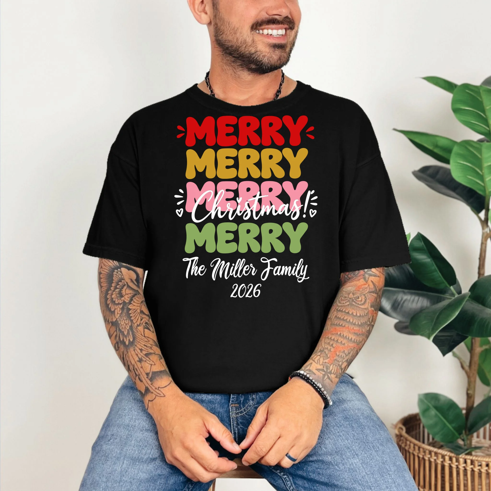 Custom Name and Year Merry Merry Christmas | Personalized Festive Holiday Celebration & Xmas Design Comfort Colors Unisex T-Shirt - Front 2