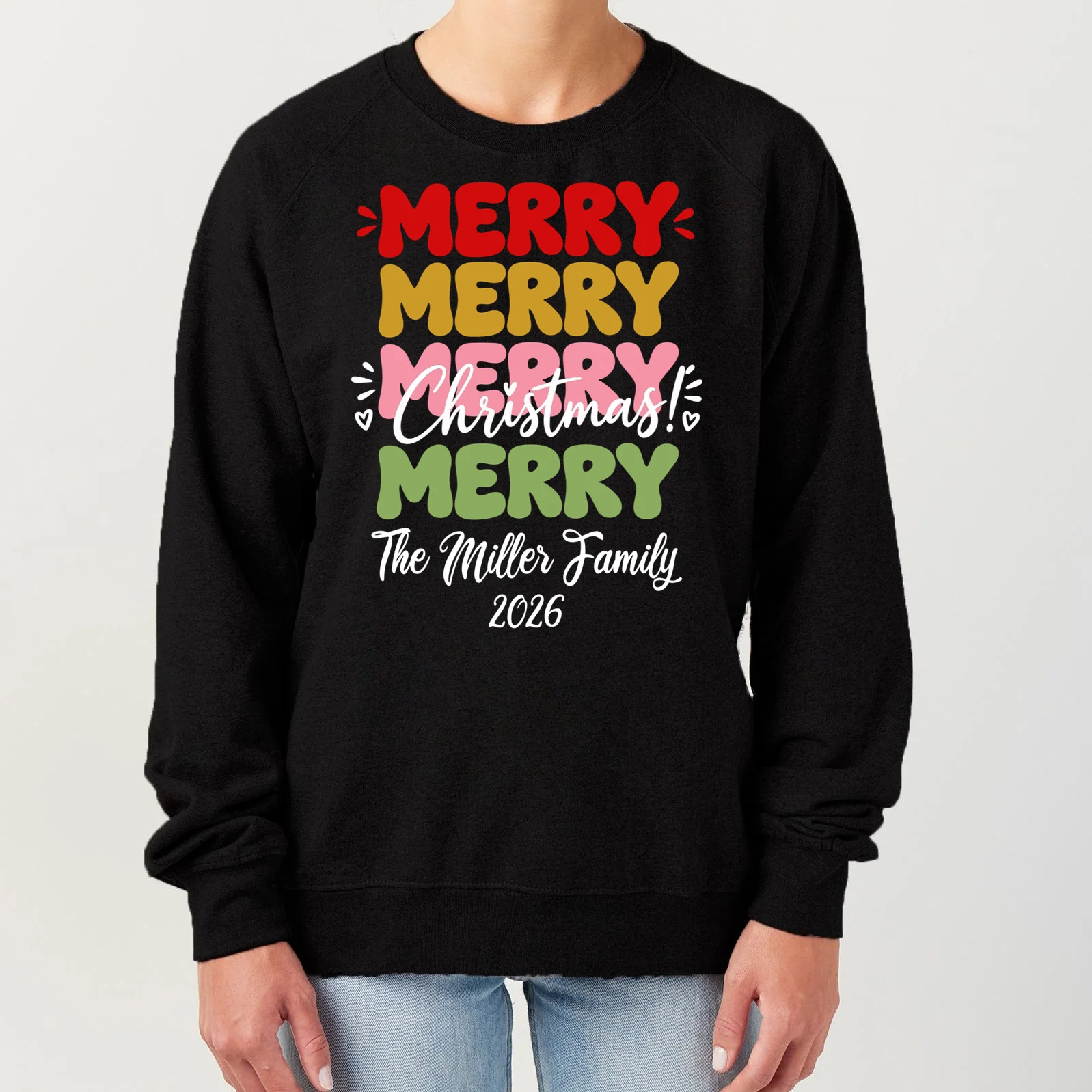 Custom Name and Year Merry Merry Christmas | Personalized Festive Holiday Celebration & Xmas Design Women's Sweatshirt Front