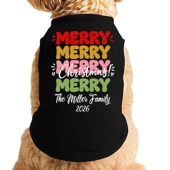 Custom Name and Year Merry Merry Christmas | Personalized Festive Holiday Celebration & Xmas Design Doggie Tank Front