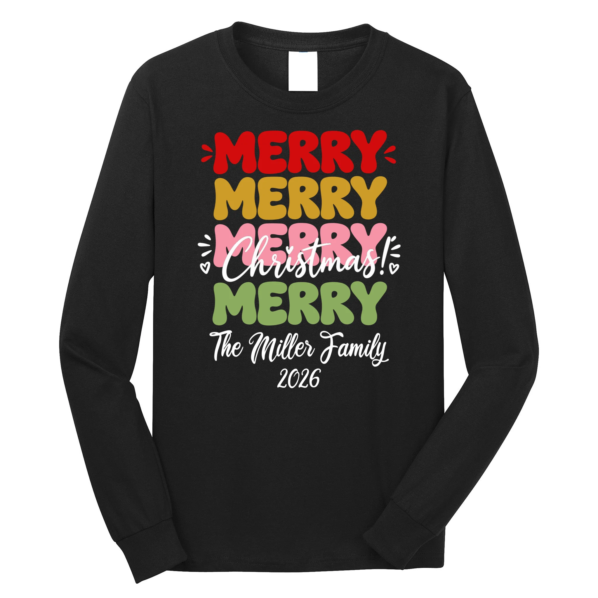 Custom Name and Year Merry Merry Christmas | Personalized Festive Holiday Celebration & Xmas Design Men's Long Sleeve Shirt Front