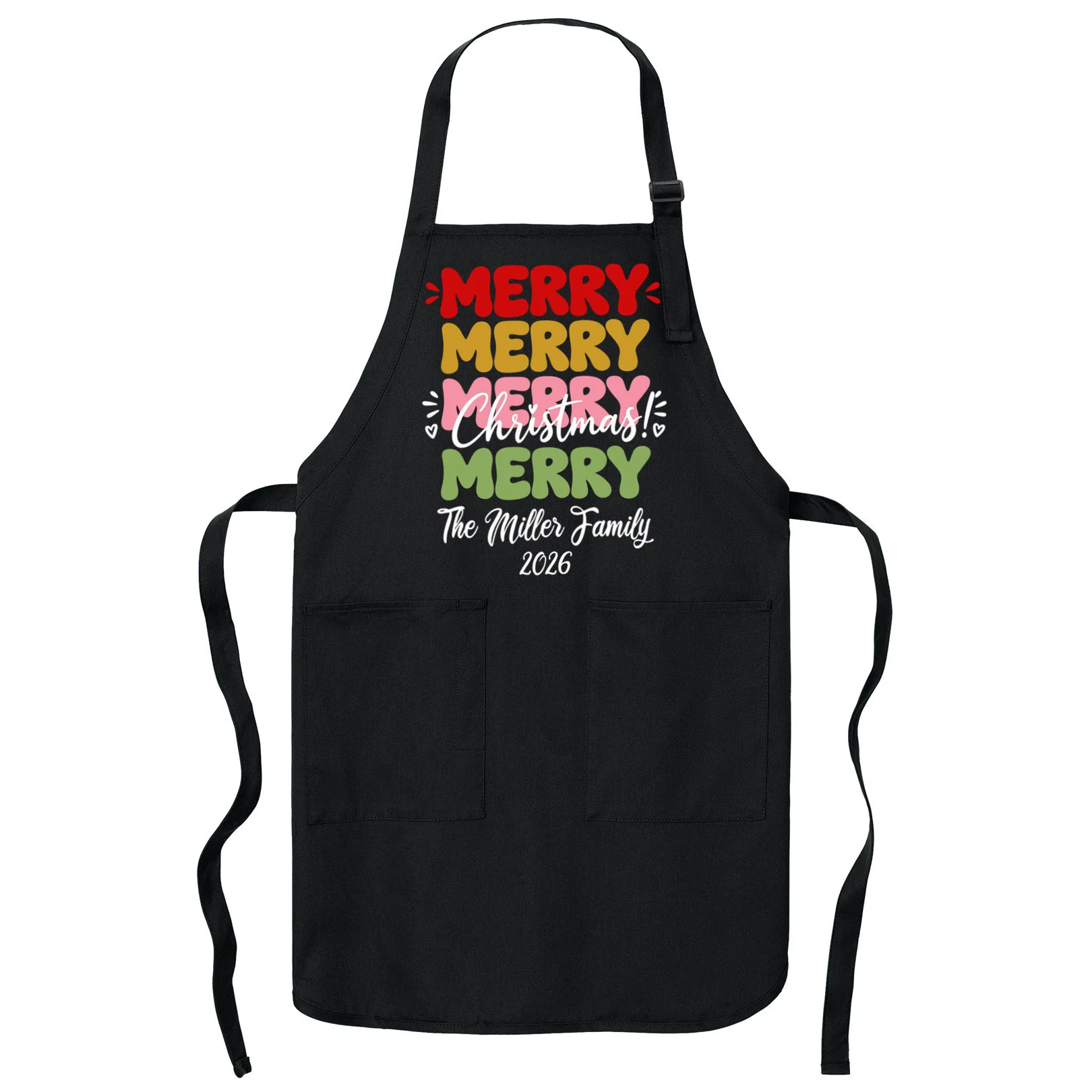 Custom Name and Year Merry Merry Christmas | Personalized Festive Holiday Celebration & Xmas Design Apron Front