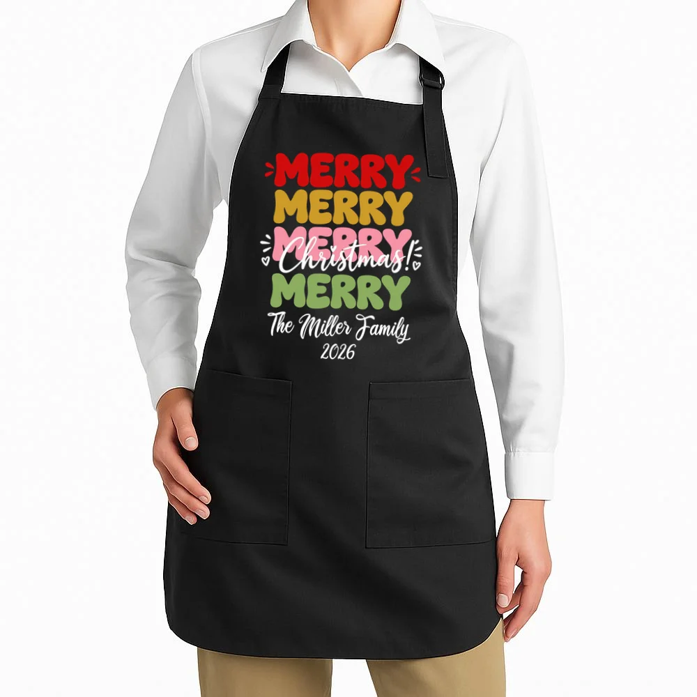 Custom Name and Year Merry Merry Christmas | Personalized Festive Holiday Celebration & Xmas Design Apron - Front 1