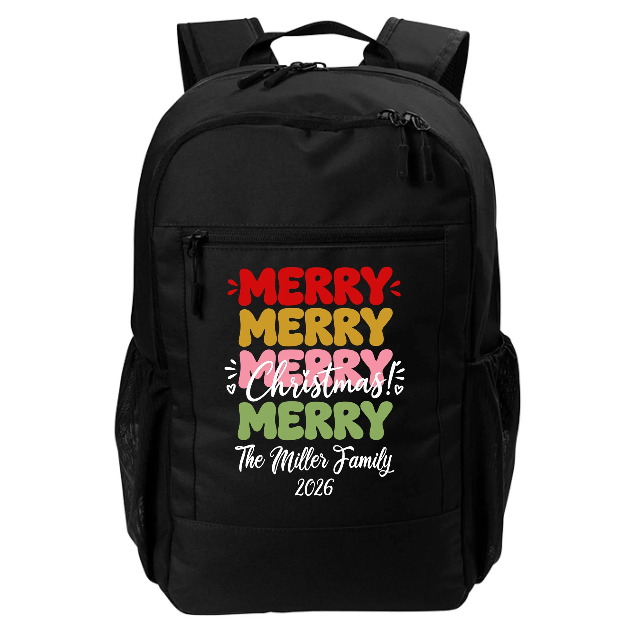 Custom Name and Year Merry Merry Christmas | Personalized Festive Holiday Celebration & Xmas Design Backpack Front