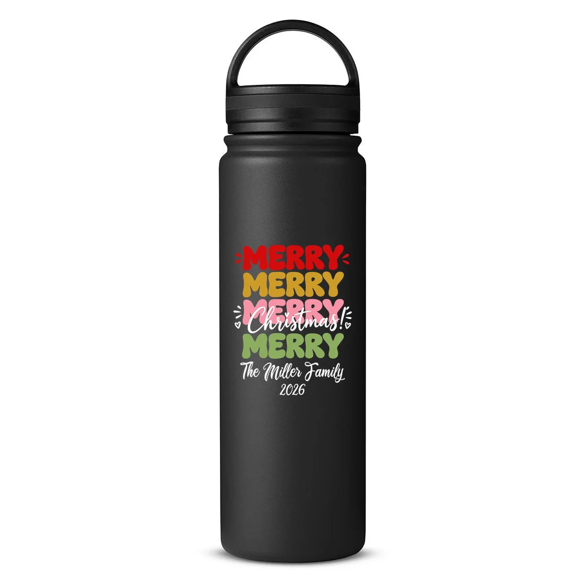 Custom Name and Year Merry Merry Christmas | Personalized Festive Holiday Celebration & Xmas Design 24oz Water Bottle Front