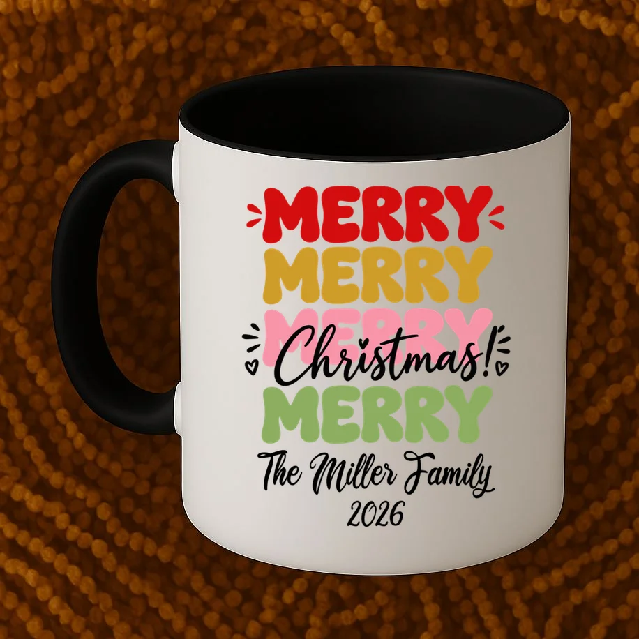 Custom Name and Year Merry Merry Christmas | Personalized Festive Holiday Celebration & Xmas Design Mug - Front 1