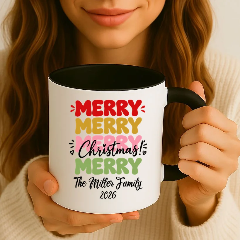 Custom Name and Year Merry Merry Christmas | Personalized Festive Holiday Celebration & Xmas Design Mug - Front 2