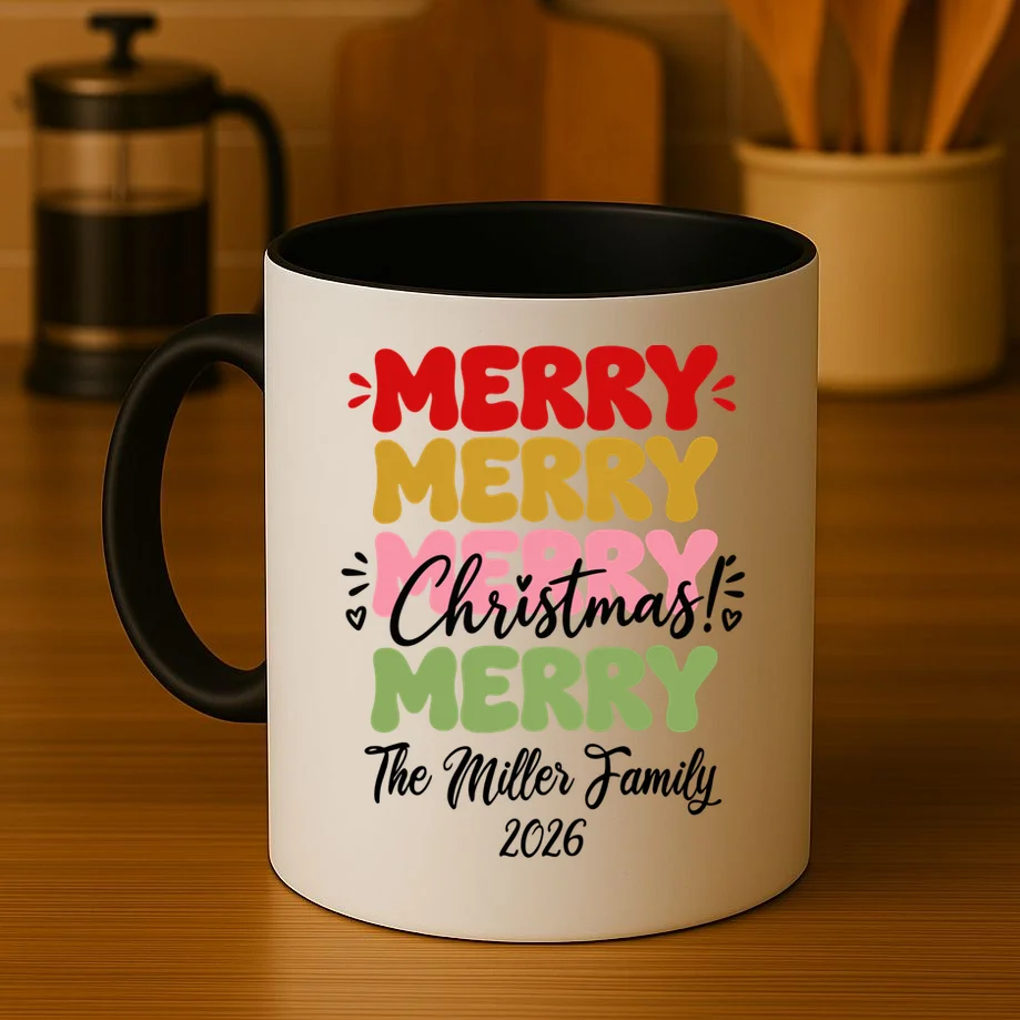 Custom Name and Year Merry Merry Christmas | Personalized Festive Holiday Celebration & Xmas Design Mug - Front 3