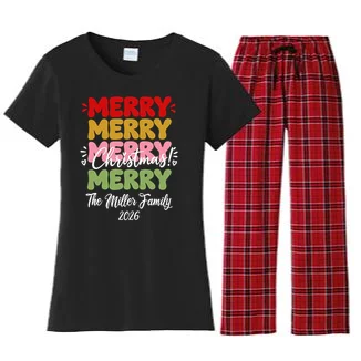 Custom Name and Year Merry Merry Christmas | Personalized Festive Holiday Celebration & Xmas Design Women's Flannel Pajama Set Front