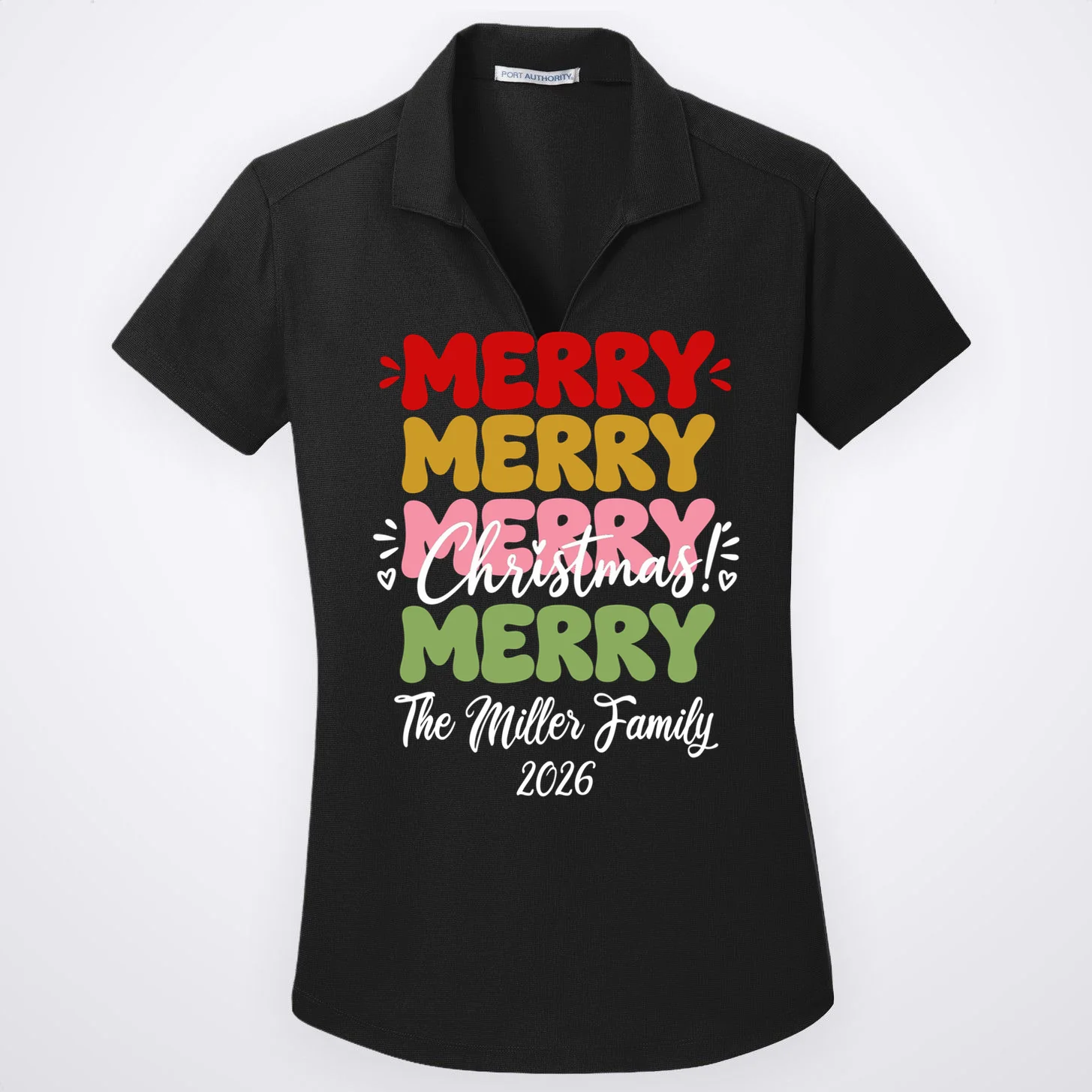 Custom Name and Year Merry Merry Christmas | Personalized Festive Holiday Celebration & Xmas Design Women's Polo Front