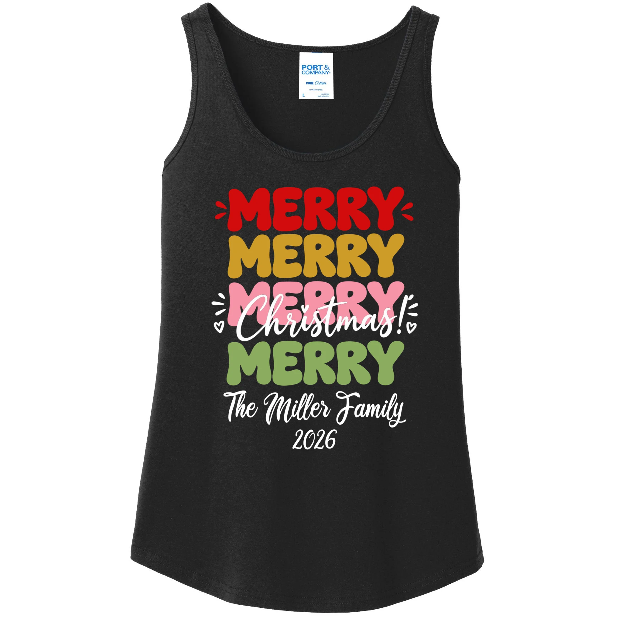 Custom Name and Year Merry Merry Christmas | Personalized Festive Holiday Celebration & Xmas Design Women's Tank Top Front