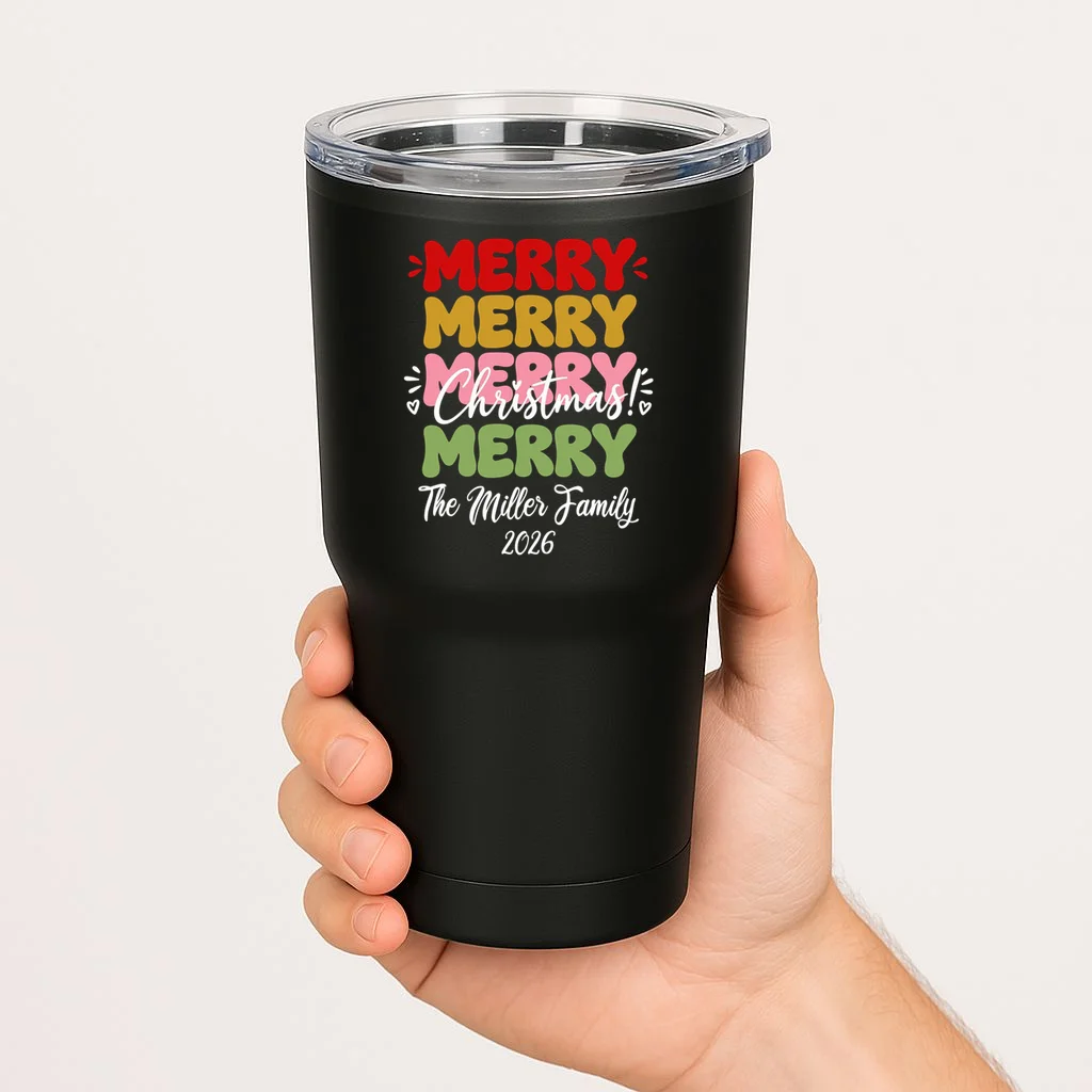Custom Name and Year Merry Merry Christmas | Personalized Festive Holiday Celebration & Xmas Design 20oz Tumbler - Front 1