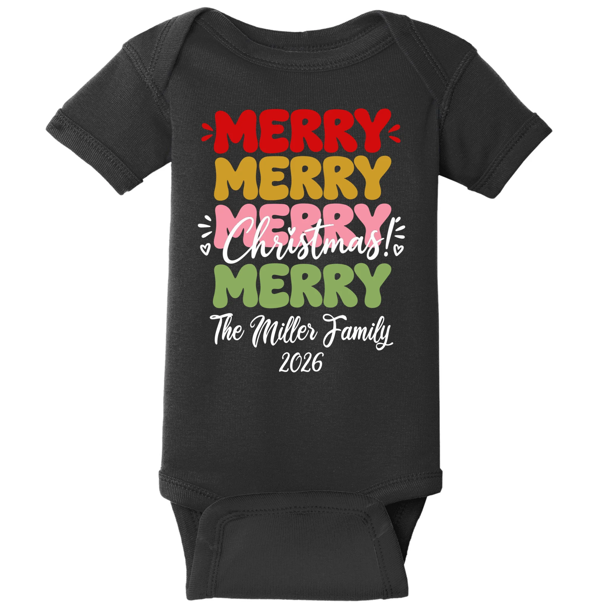 Custom Name and Year Merry Merry Christmas | Personalized Festive Holiday Celebration & Xmas Design Baby Bodysuit Front