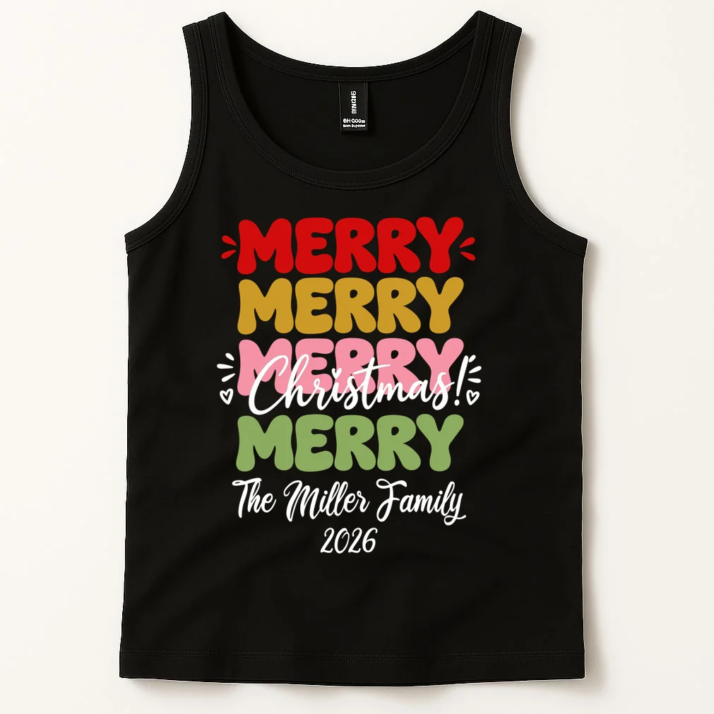 Custom Name and Year Merry Merry Christmas | Personalized Festive Holiday Celebration & Xmas Design Men's Tank Top - Front 1