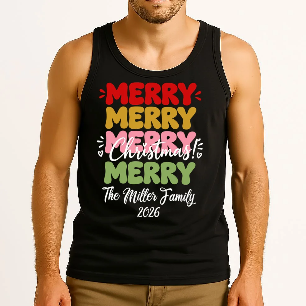 Custom Name and Year Merry Merry Christmas | Personalized Festive Holiday Celebration & Xmas Design Men's Tank Top - Front 2