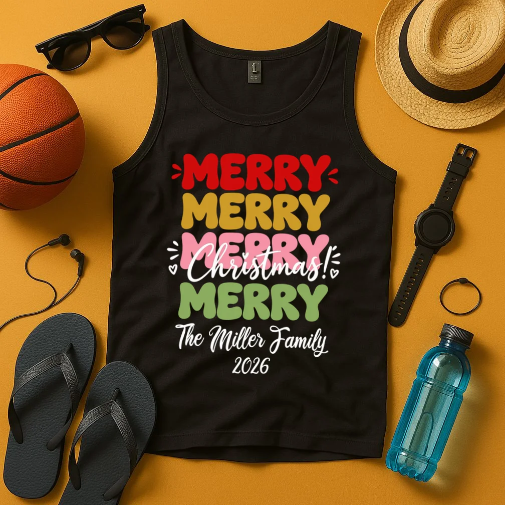 Custom Name and Year Merry Merry Christmas | Personalized Festive Holiday Celebration & Xmas Design Men's Tank Top - Front 3