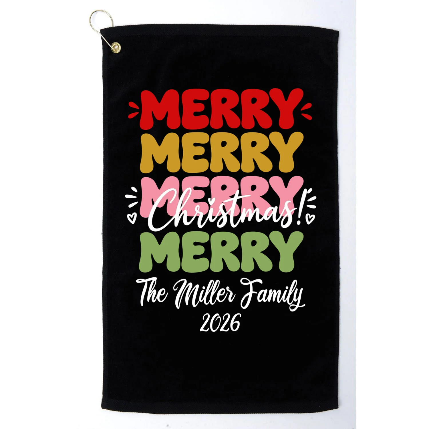 Custom Name and Year Merry Merry Christmas | Personalized Festive Holiday Celebration & Xmas Design Golf Towel Front
