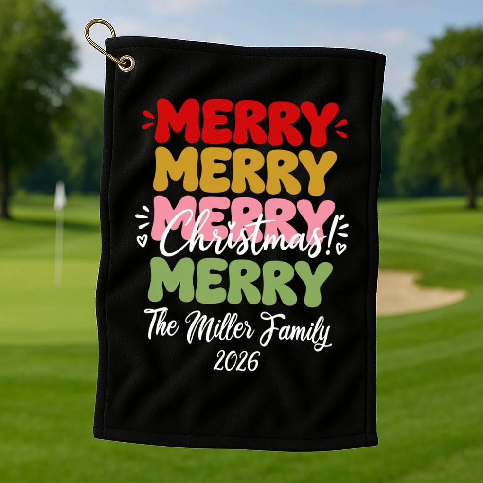 Custom Name and Year Merry Merry Christmas | Personalized Festive Holiday Celebration & Xmas Design Golf Towel - Front 1