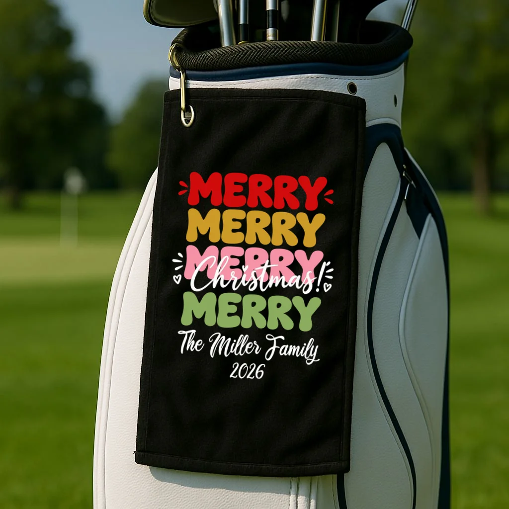 Custom Name and Year Merry Merry Christmas | Personalized Festive Holiday Celebration & Xmas Design Golf Towel - Front 2