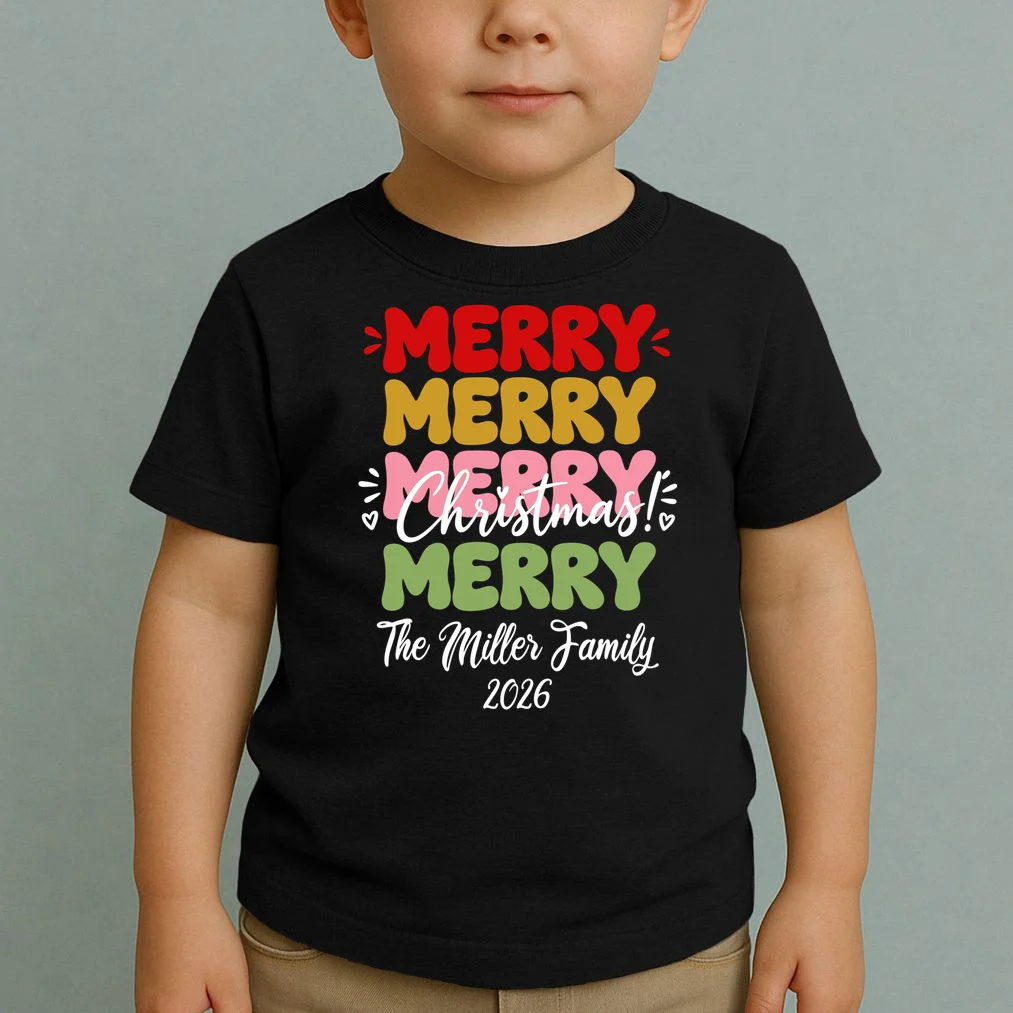 Custom Name and Year Merry Merry Christmas | Personalized Festive Holiday Celebration & Xmas Design Toddler T-Shirt - Front 1