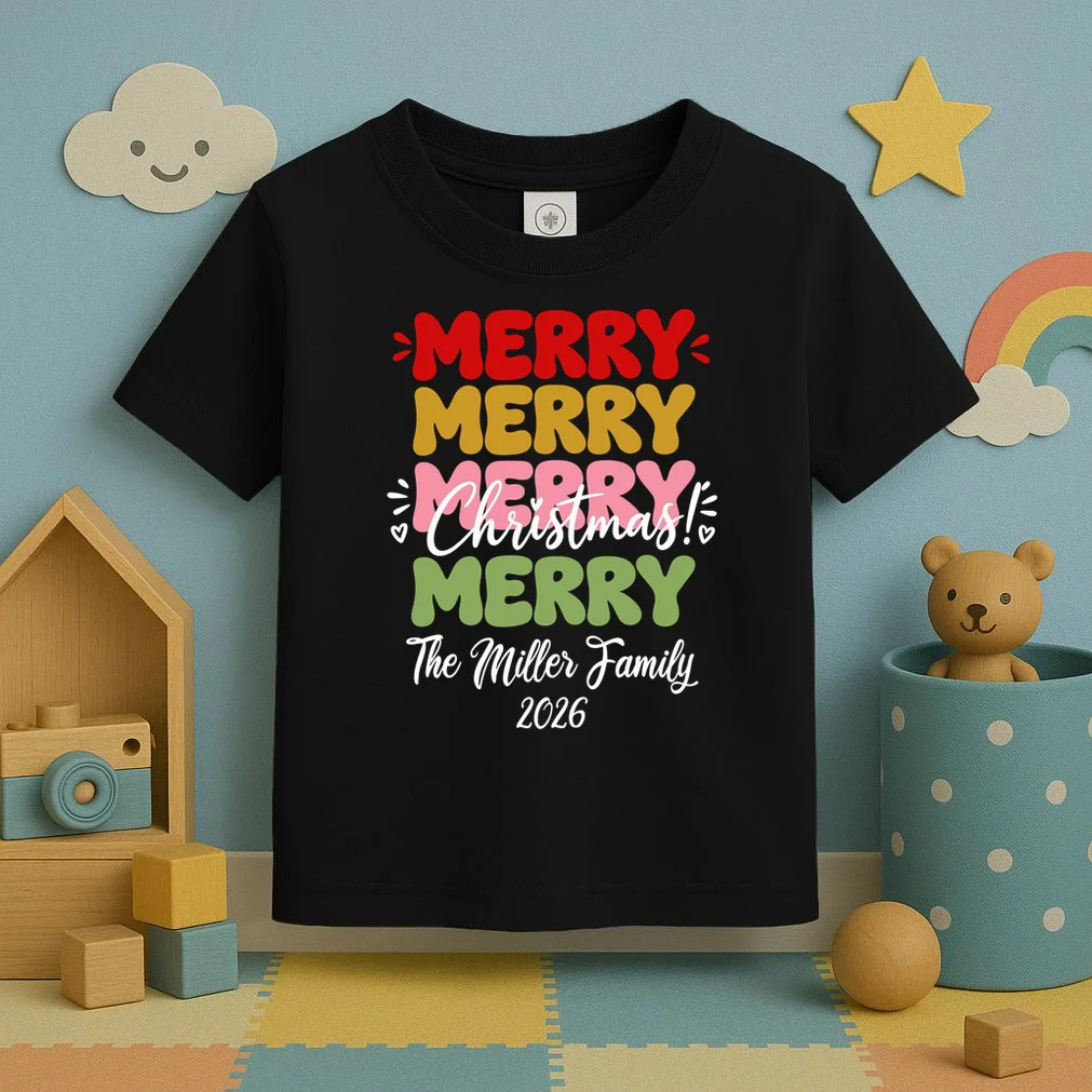 Custom Name and Year Merry Merry Christmas | Personalized Festive Holiday Celebration & Xmas Design Toddler T-Shirt - Front 2