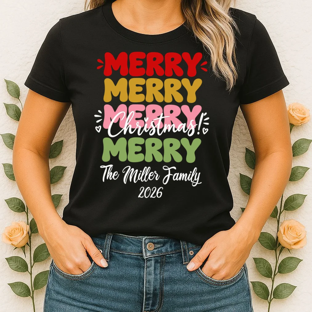Custom Name and Year Merry Merry Christmas | Personalized Festive Holiday Celebration & Xmas Design Women's T-Shirt - Front 1