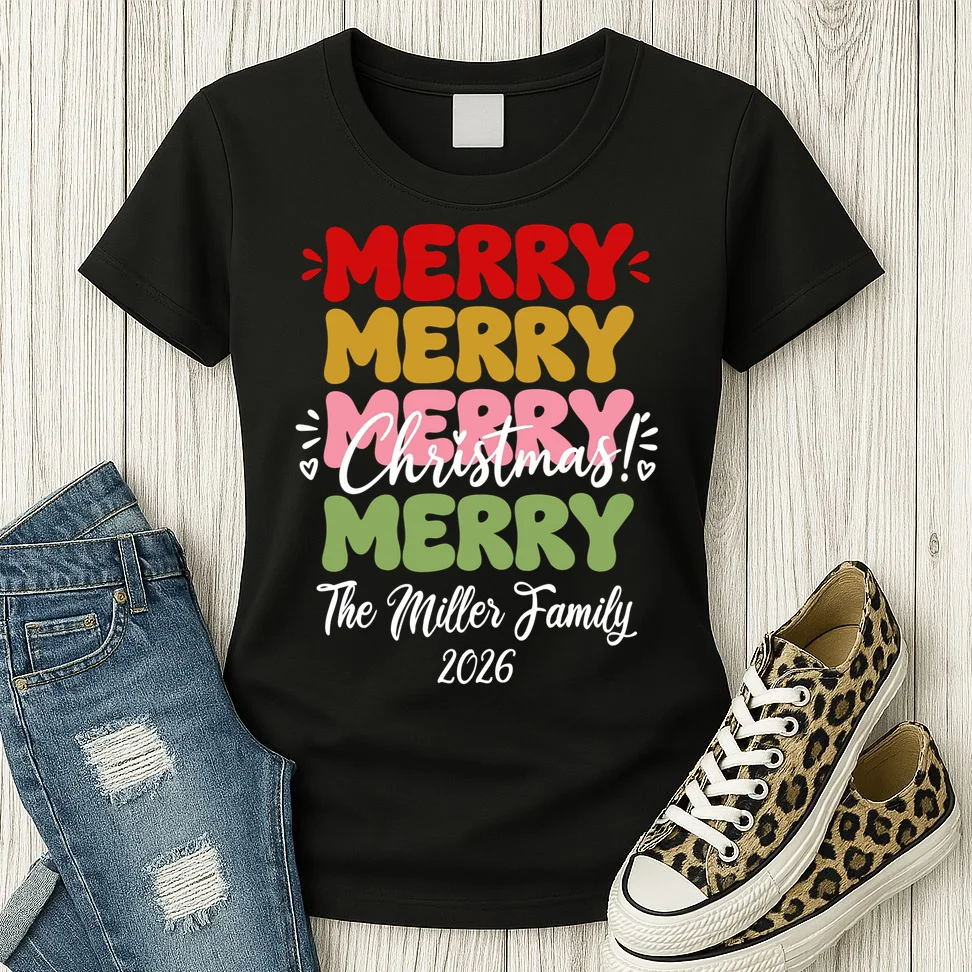 Custom Name and Year Merry Merry Christmas | Personalized Festive Holiday Celebration & Xmas Design Women's T-Shirt - Front 2