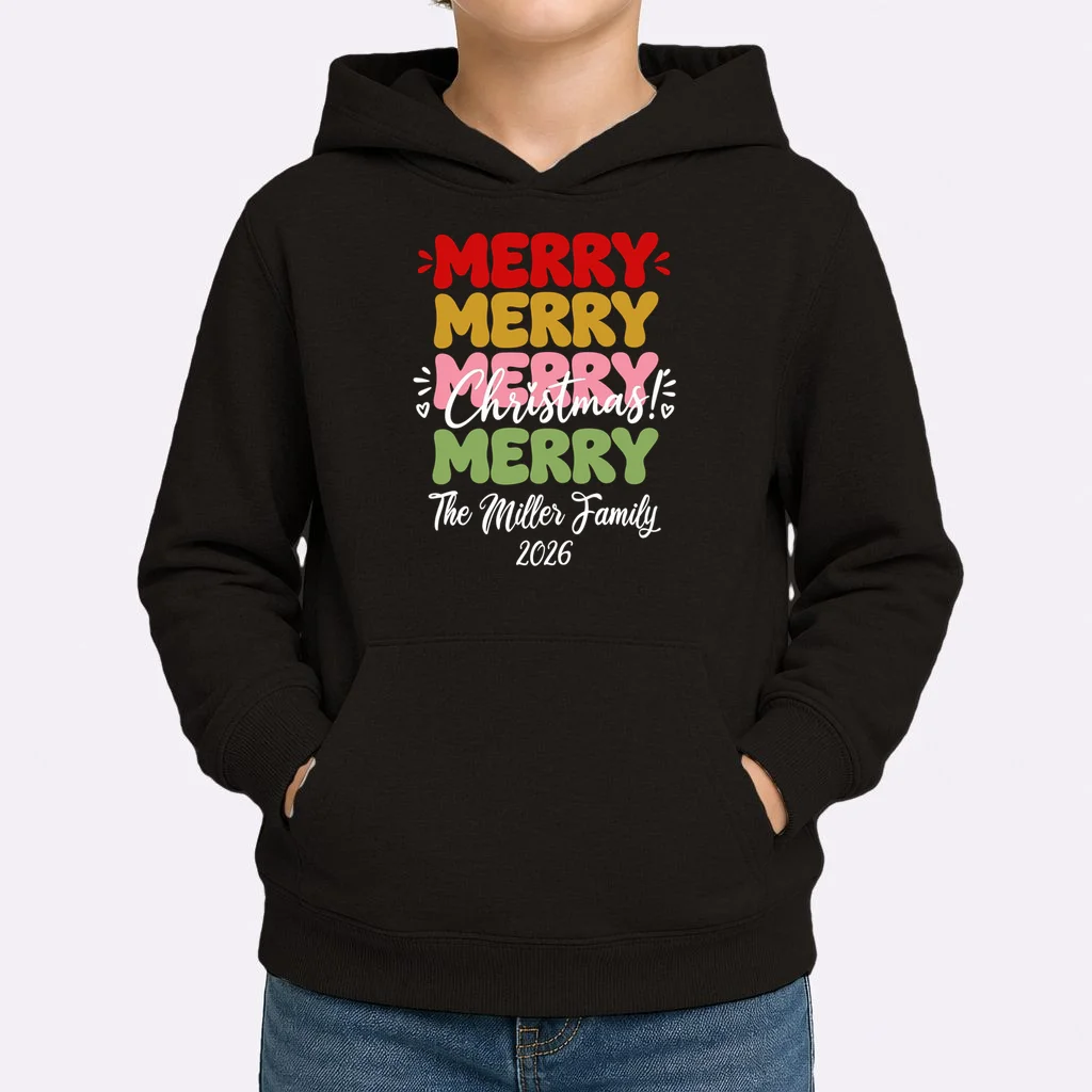 Custom Name and Year Merry Merry Christmas | Personalized Festive Holiday Celebration & Xmas Design Kids Hoodie - Front 1