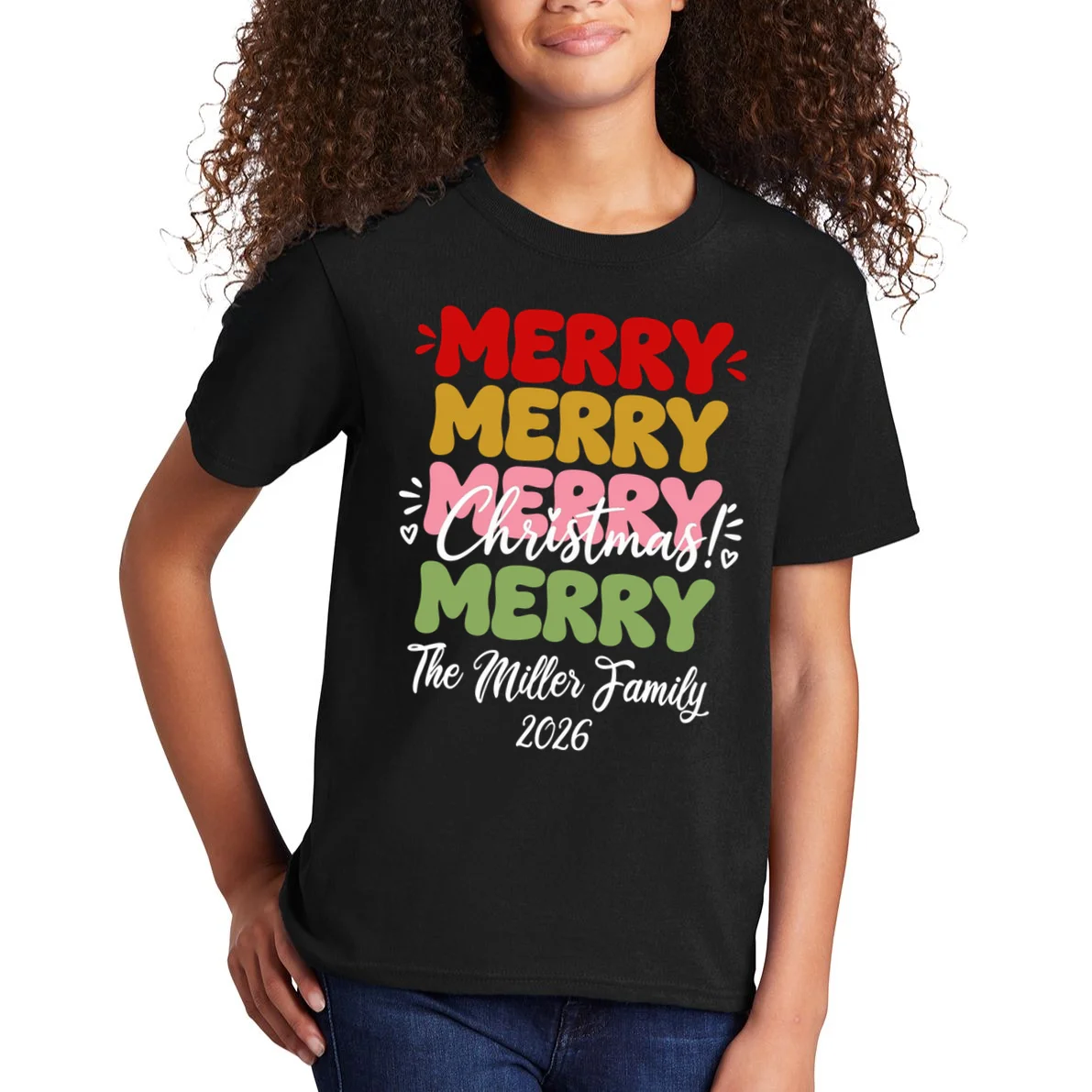 Custom Name and Year Merry Merry Christmas | Personalized Festive Holiday Celebration & Xmas Design Kids T-Shirt - Front 1