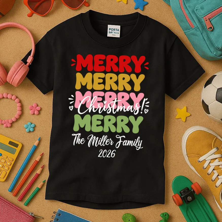 Custom Name and Year Merry Merry Christmas | Personalized Festive Holiday Celebration & Xmas Design Kids T-Shirt - Front 2