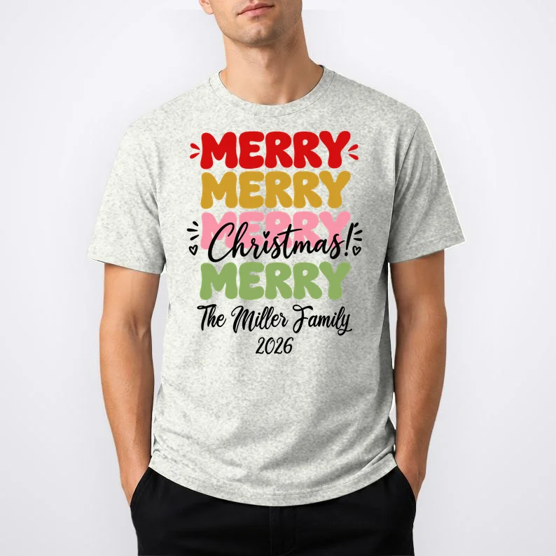 Custom Name and Year Merry Merry Christmas | Personalized Festive Holiday Celebration & Xmas Design Men's T-Shirt - Front 1