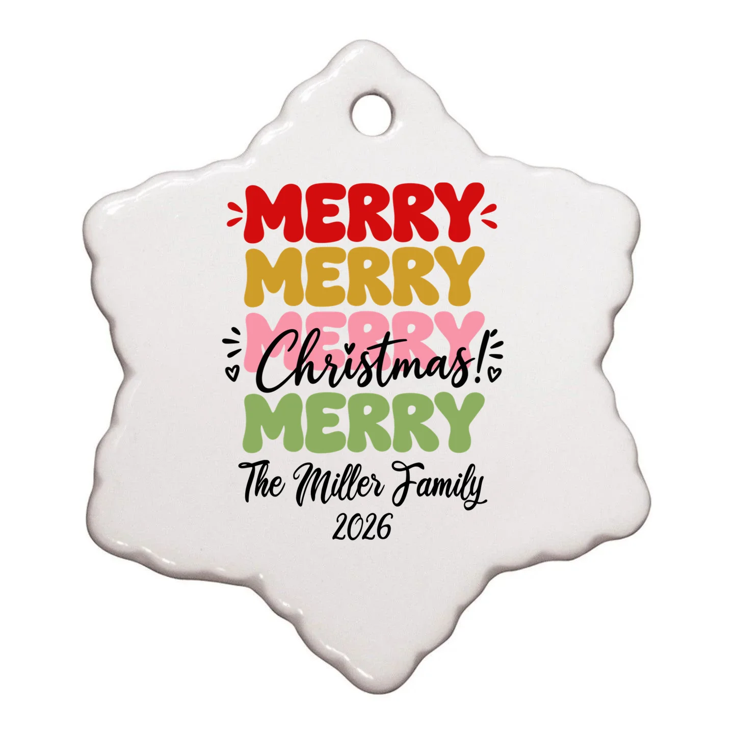 Custom Name and Year Merry Merry Christmas | Personalized Festive Holiday Celebration & Xmas Design Ornament Front
