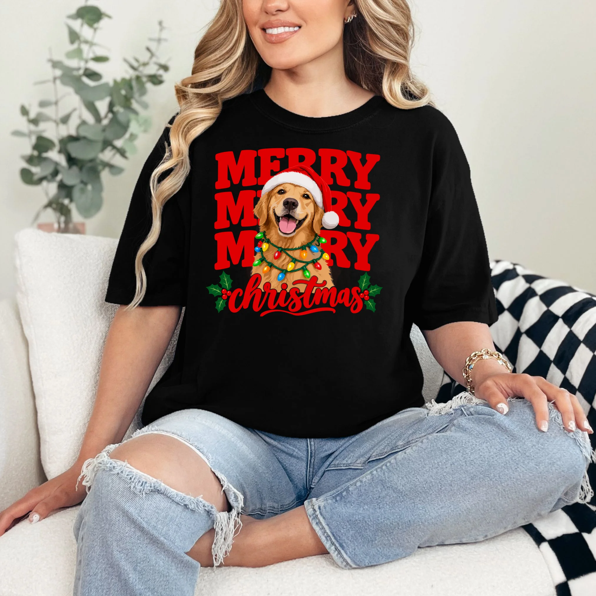 Merry Merry Christmas Dog – Santa Hat Holiday Design Comfort Colors Unisex T-Shirt - Front 1