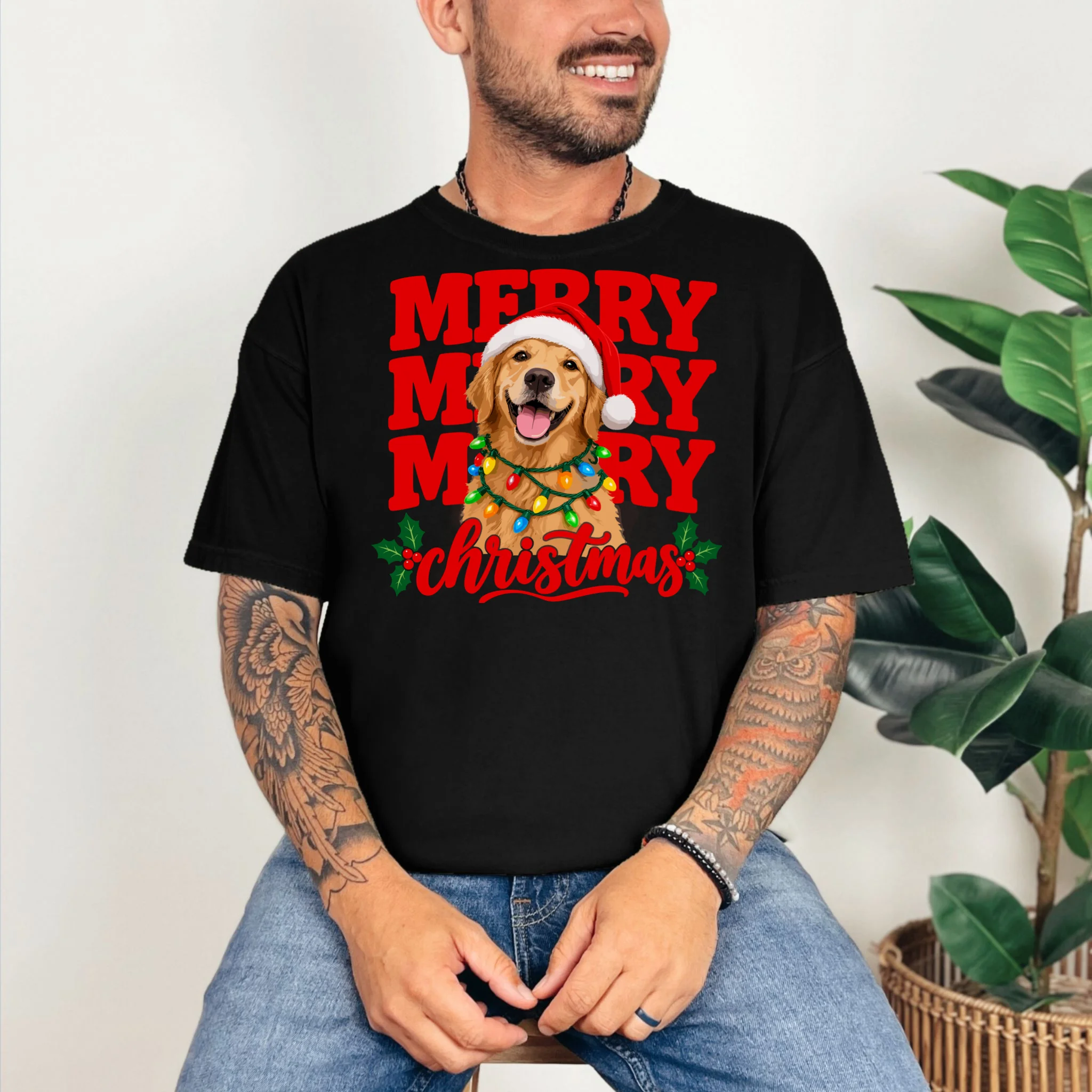 Merry Merry Christmas Dog – Santa Hat Holiday Design Comfort Colors Unisex T-Shirt - Front 2