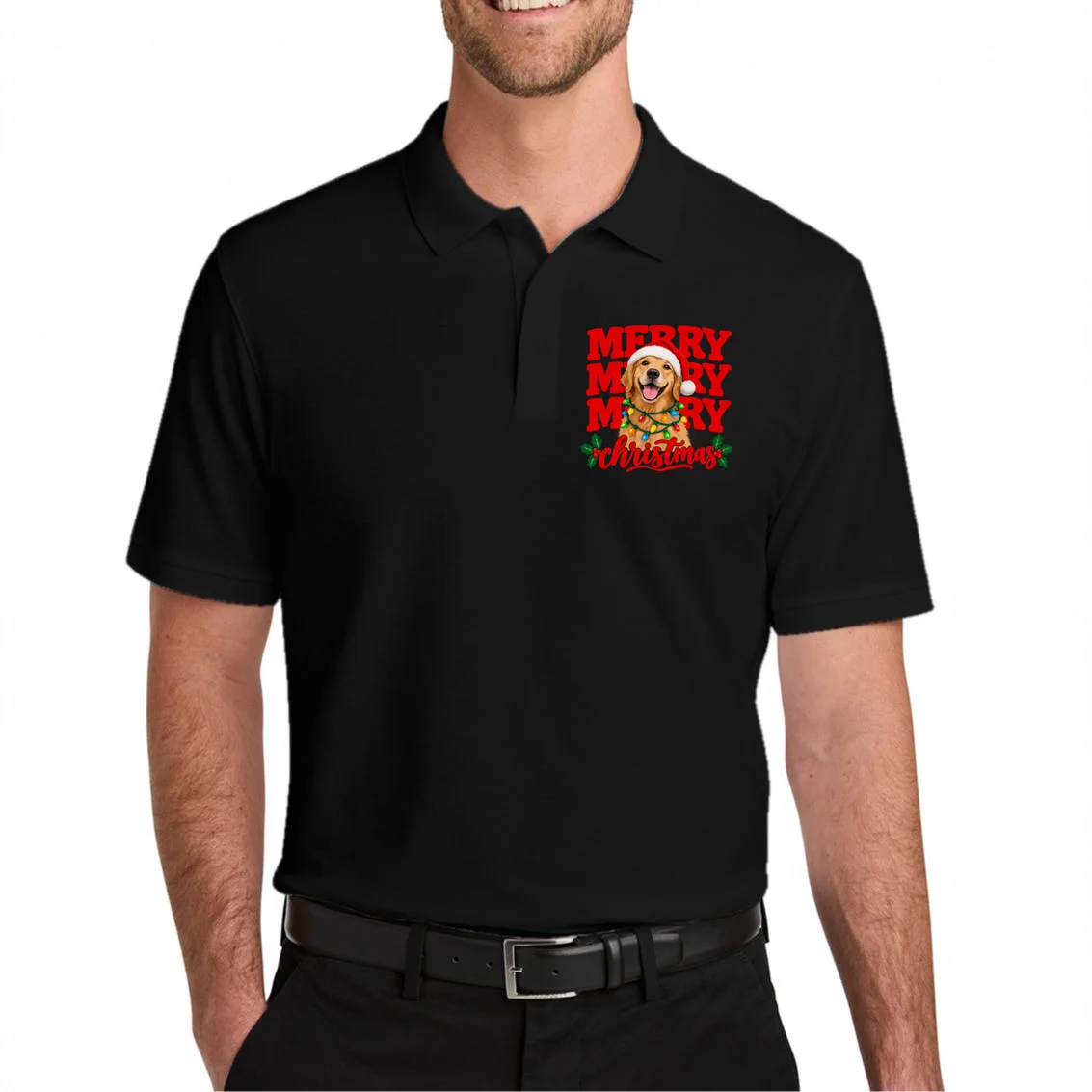 Merry Merry Christmas Dog – Santa Hat Holiday Design Men's Polo - Front 1