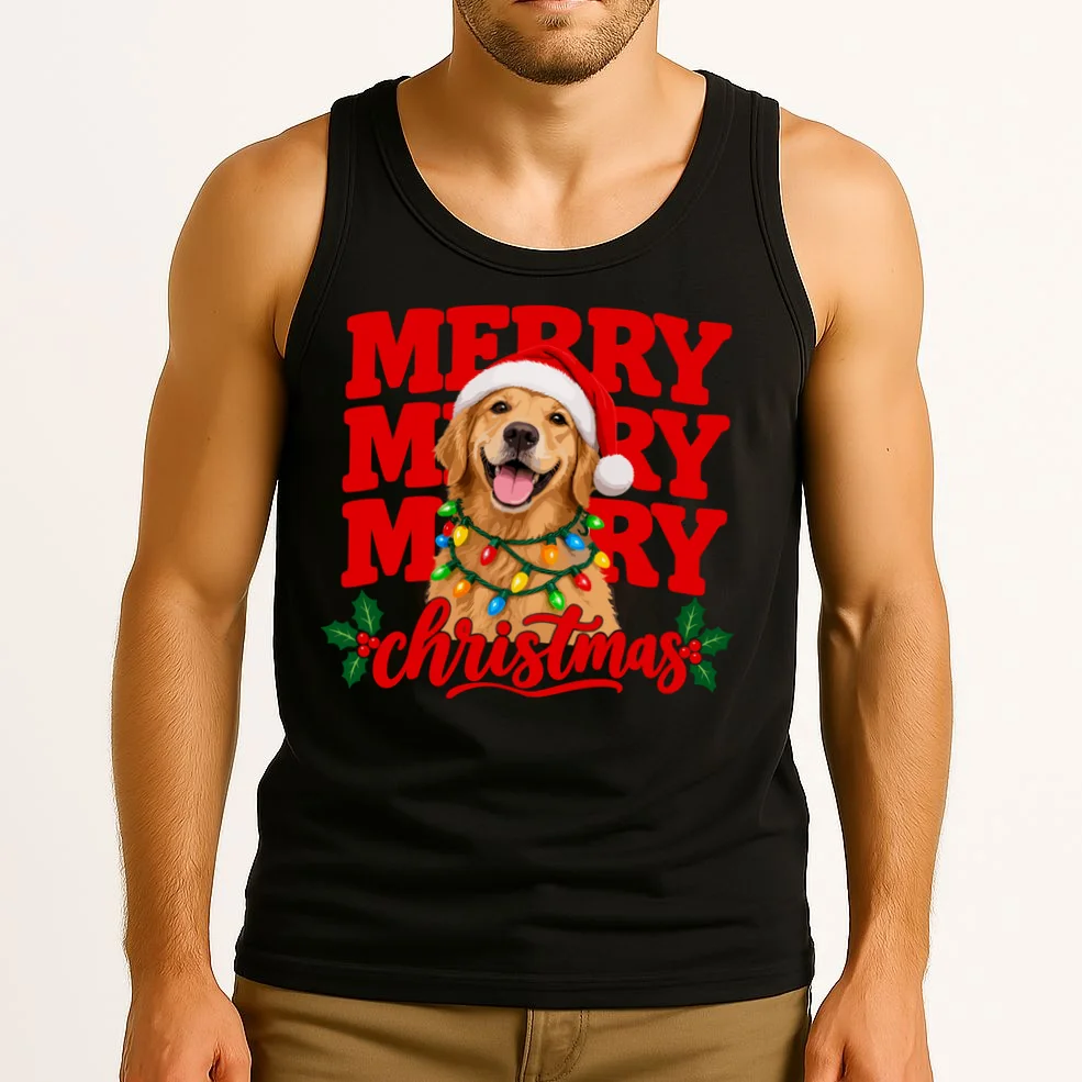Merry Merry Christmas Dog – Santa Hat Holiday Design Men's Tank Top - Front 2