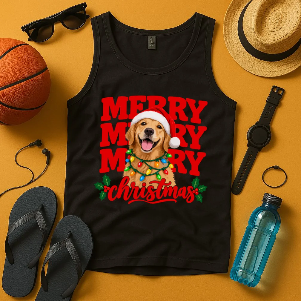 Merry Merry Christmas Dog – Santa Hat Holiday Design Men's Tank Top - Front 3