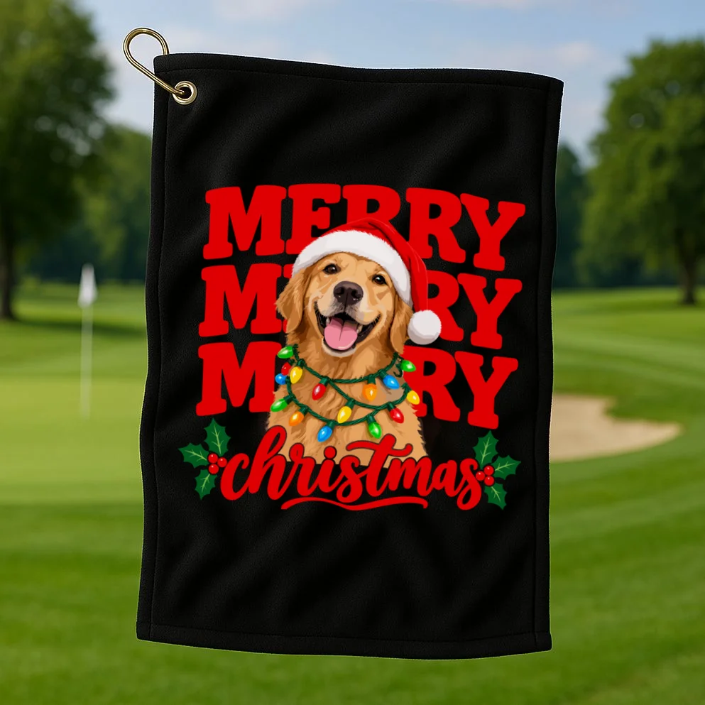 Merry Merry Christmas Dog – Santa Hat Holiday Design Golf Towel - Front 1