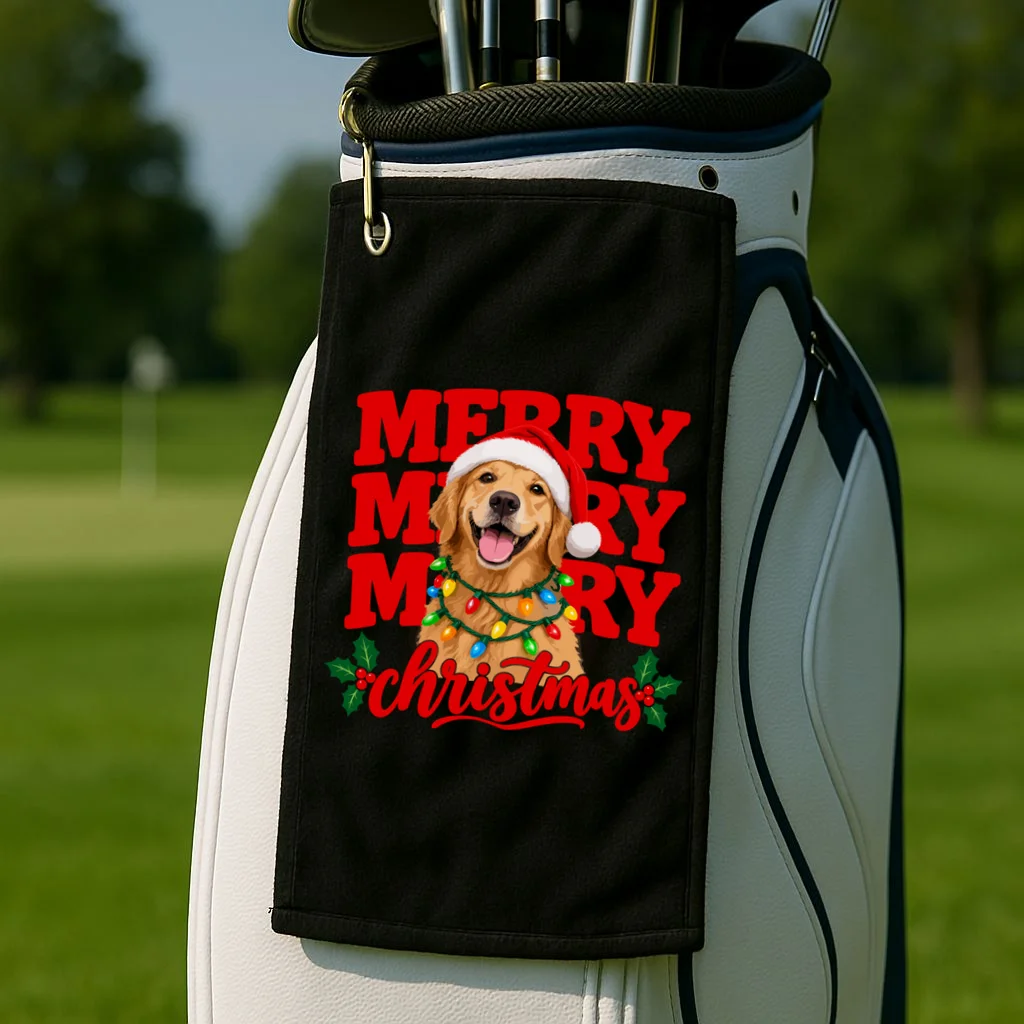 Merry Merry Christmas Dog – Santa Hat Holiday Design Golf Towel - Front 2