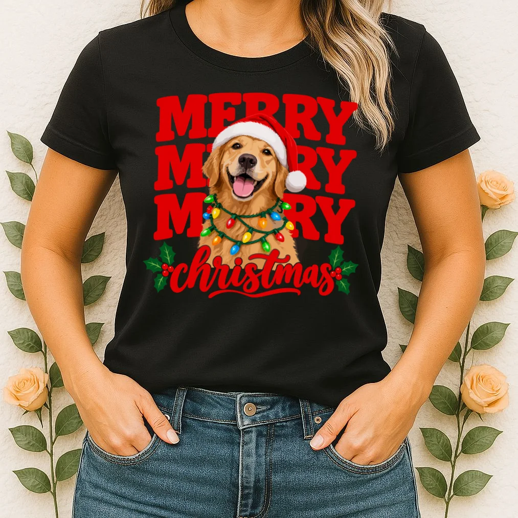 Merry Merry Christmas Dog – Santa Hat Holiday Design Women's T-Shirt - Front 1