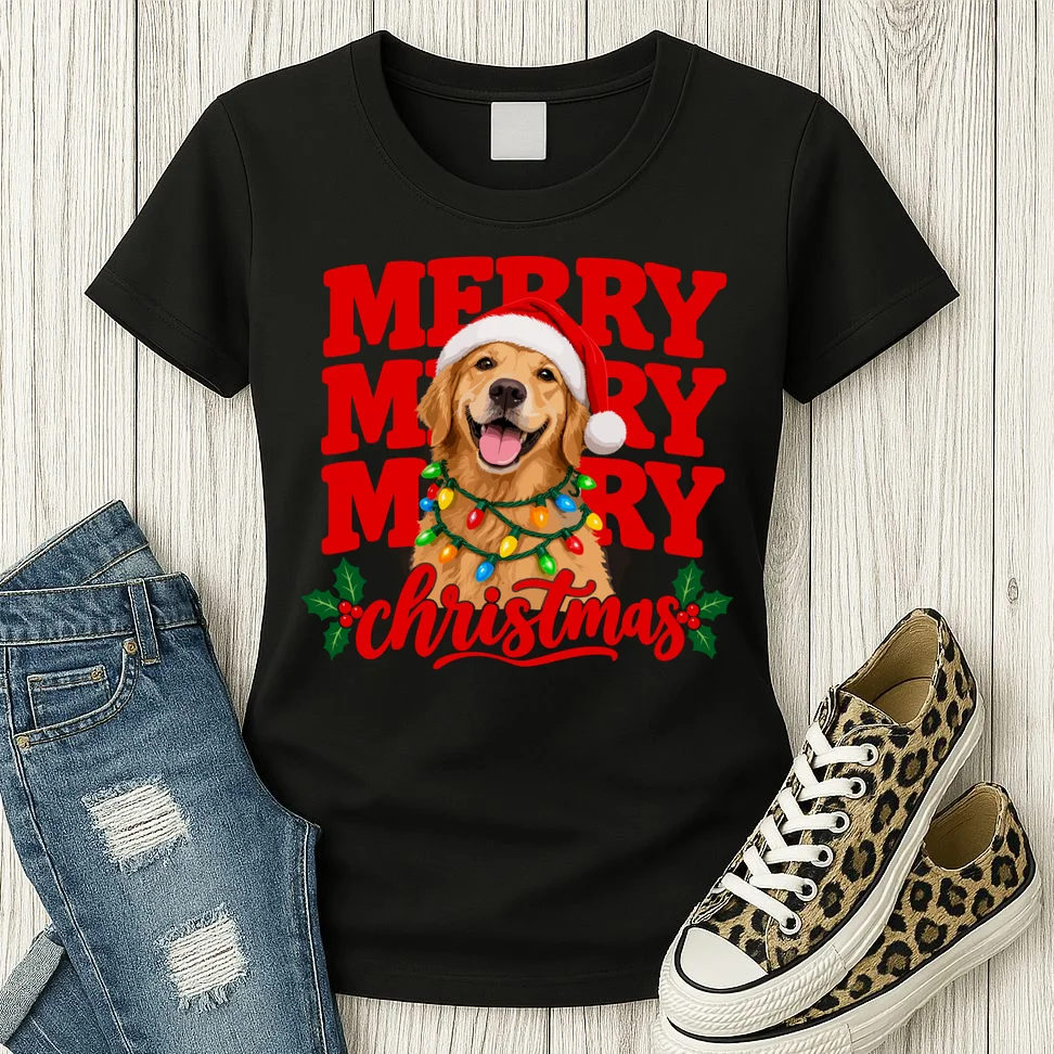 Merry Merry Christmas Dog – Santa Hat Holiday Design Women's T-Shirt - Front 2