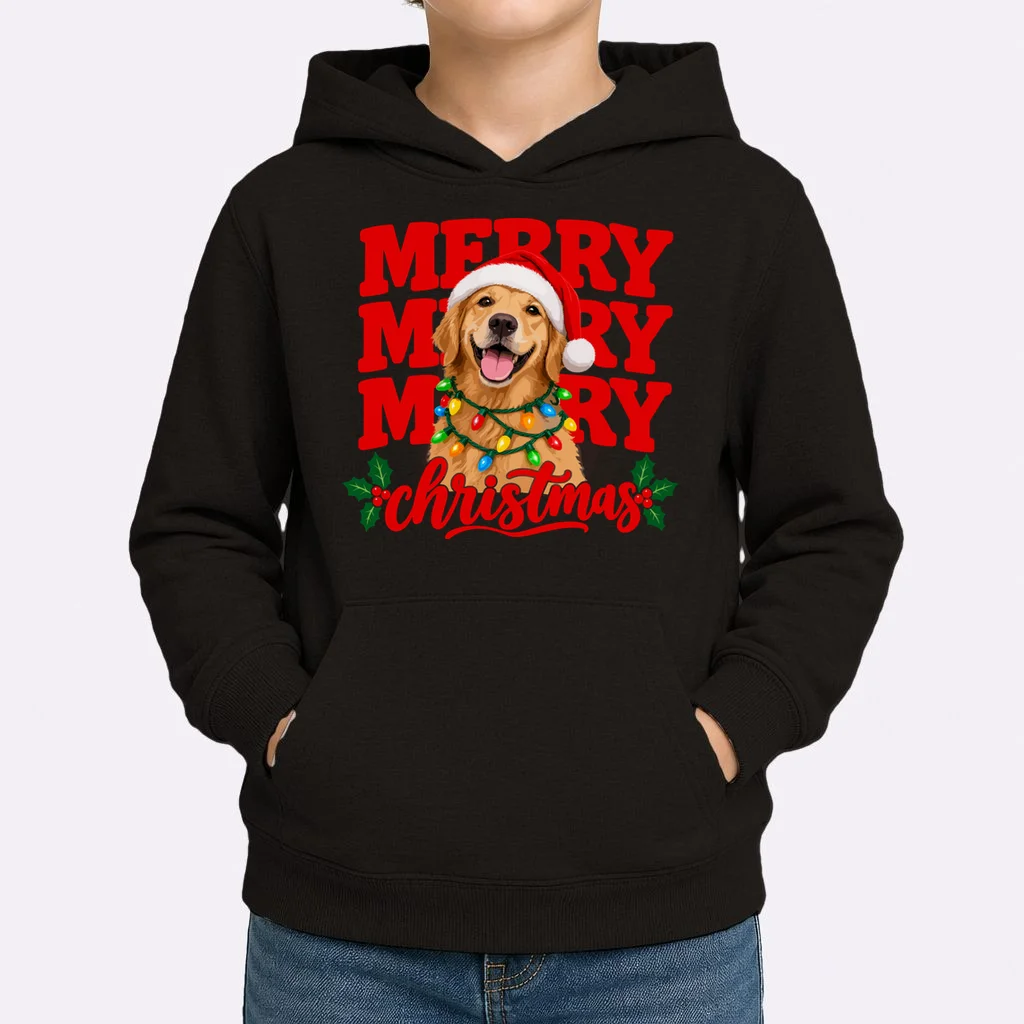 Merry Merry Christmas Dog – Santa Hat Holiday Design Kids Hoodie - Front 1