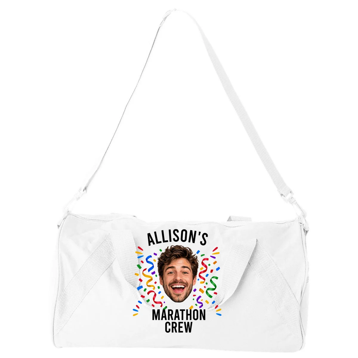 Marathon Personalized Photo Custom Gift - Runner Name & Face Marathon Crew Duffel Bag - Front