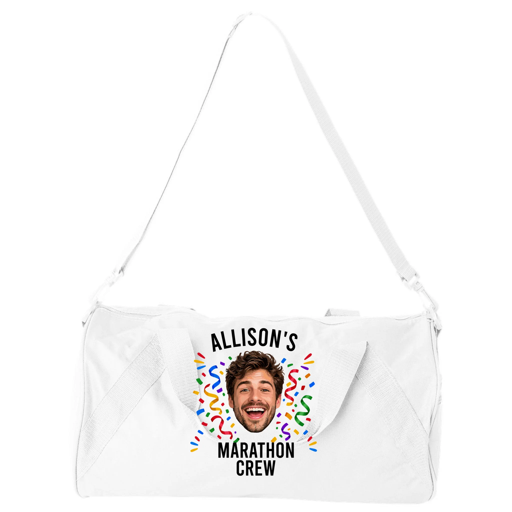 Marathon Personalized Photo Custom Gift - Runner Name & Face Marathon Crew Duffel Bag - Front