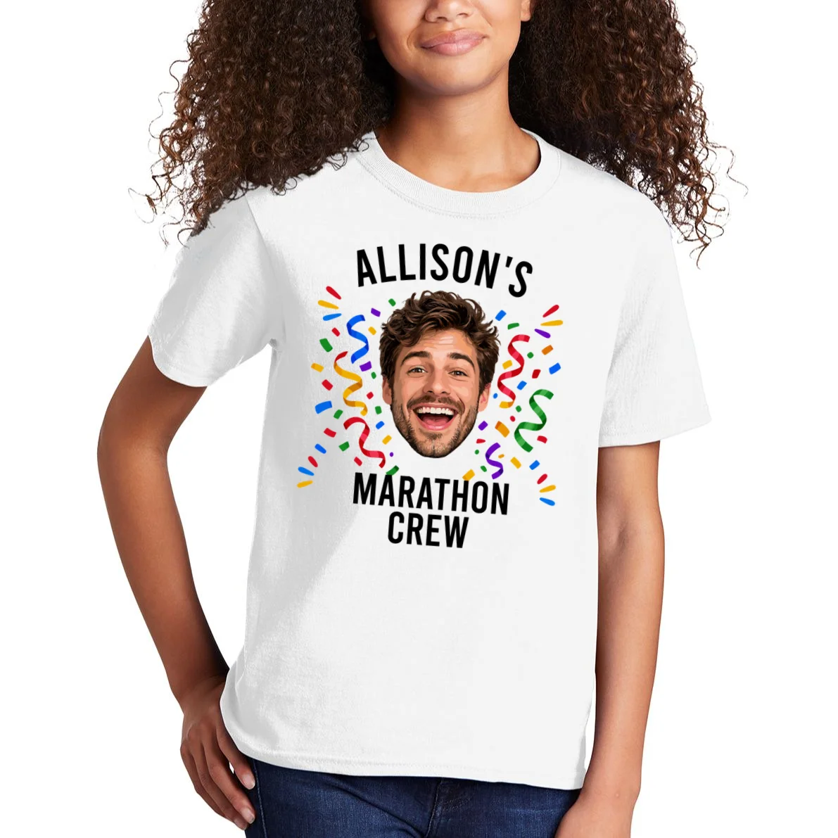 Marathon Personalized Photo Custom Gift - Runner Name & Face Marathon Crew Kids T-Shirt - Front 1