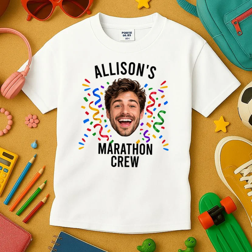 Marathon Personalized Photo Custom Gift - Runner Name & Face Marathon Crew Kids T-Shirt - Front 2