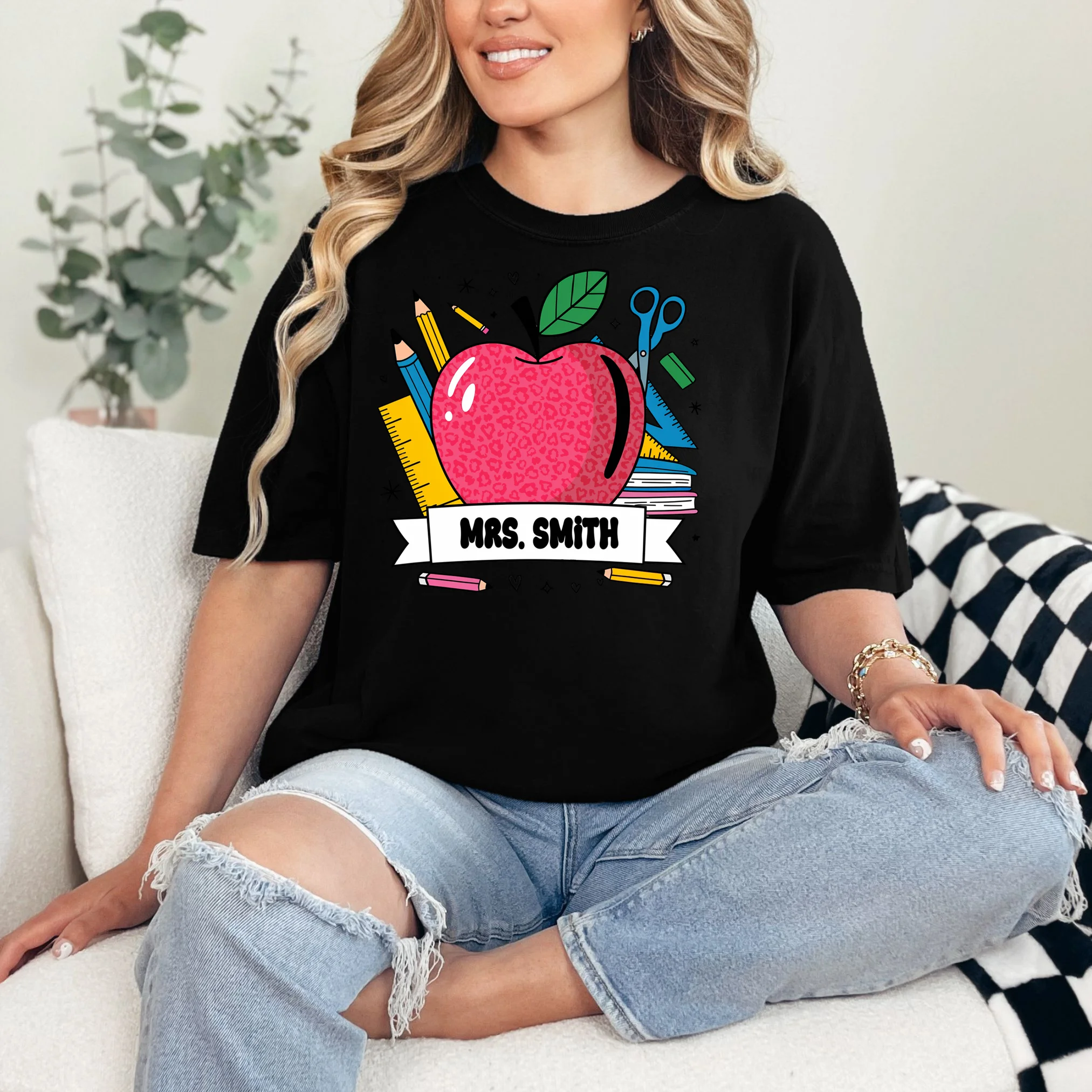 MRS. Your Name Custom Personalized School Teacher Apple Pencil Ruler T-Shirt - Front 1