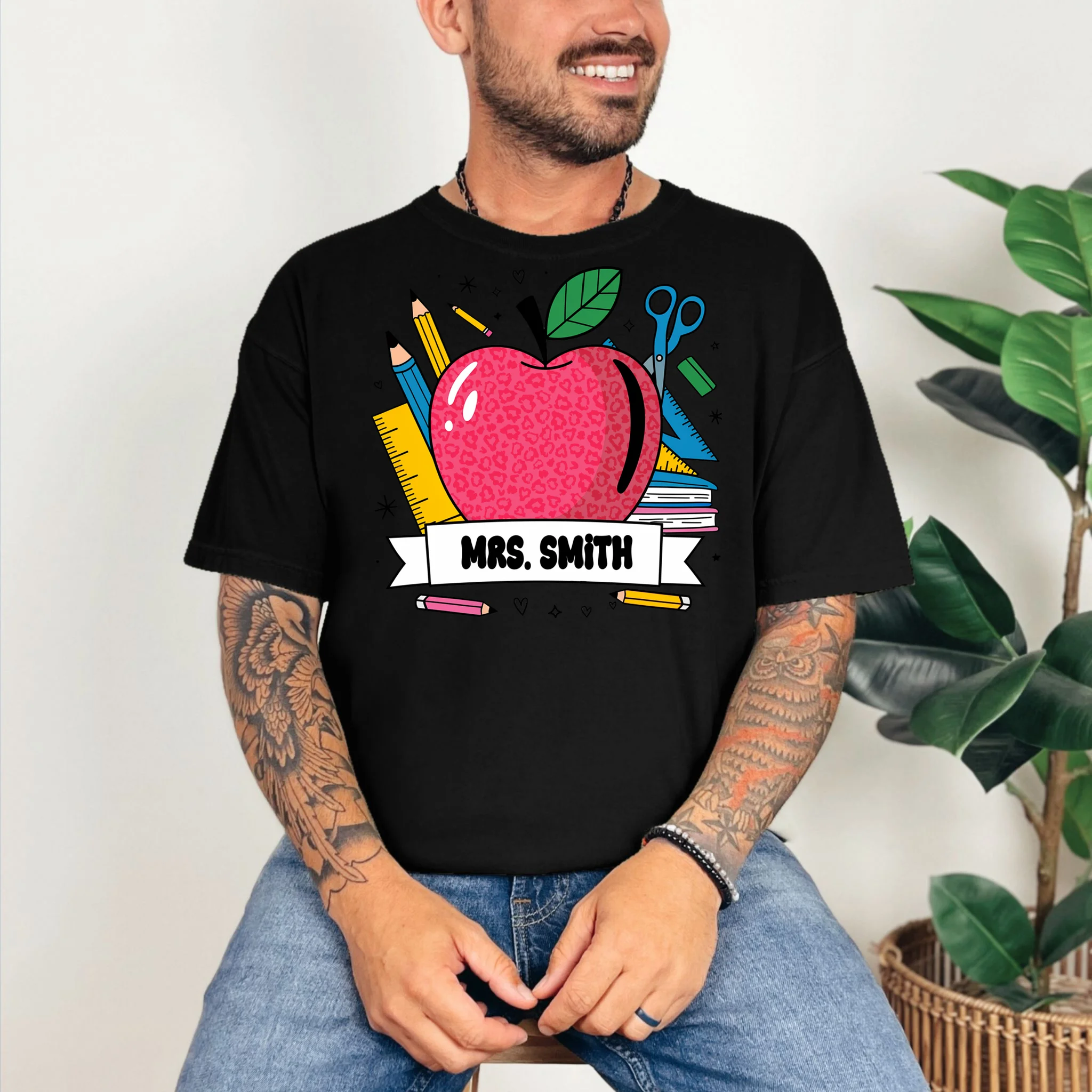 MRS. Your Name Custom Personalized School Teacher Apple Pencil Ruler T-Shirt - Front 2
