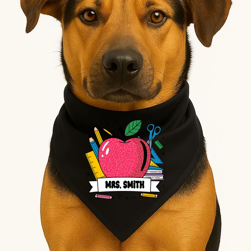 MRS. Your Name Custom Personalized School Teacher Apple Pencil Ruler Dog Bandana - Front 1