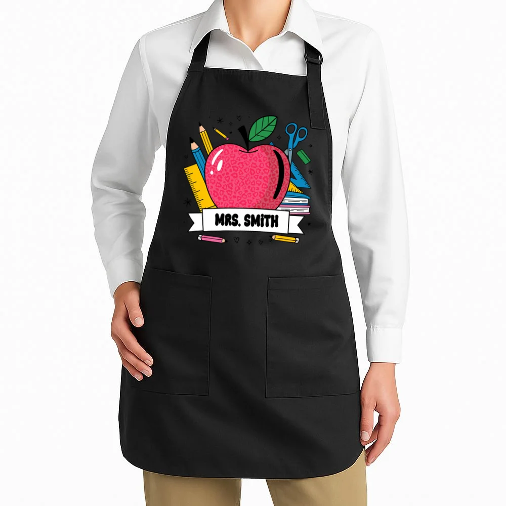 MRS. Your Name Custom Personalized School Teacher Apple Pencil Ruler Apron - Front 1